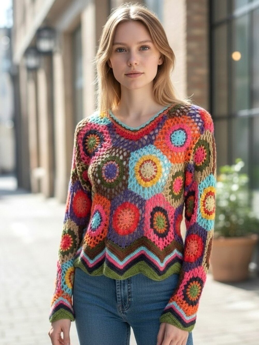 Vintage Express Tricot Sweater Multicolor Granny Square Crochet Womens Size M